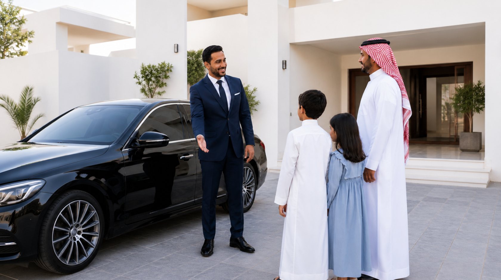 سائق خاص بجانب سيارة الأسرة أمام المنزل